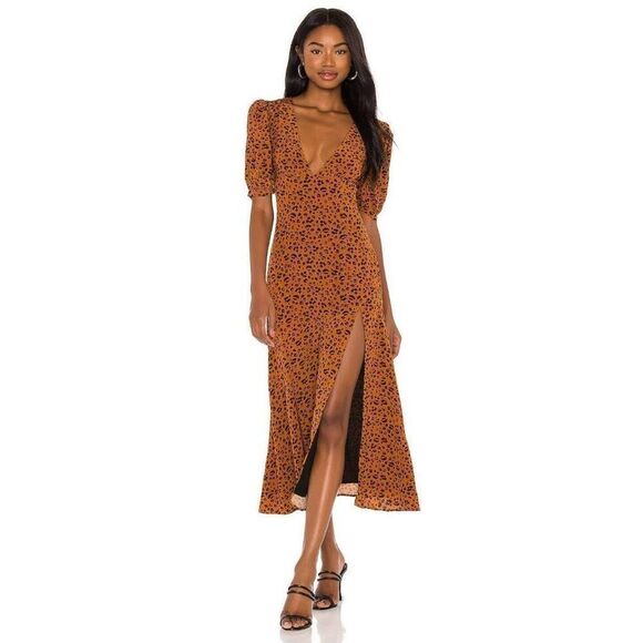 Privacy Please Emmy Midi Dress Women's Size Small Copper Leopard Print V-Neck - Picture 2 of 8